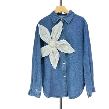 Classy Denim 3D Flower Shirt